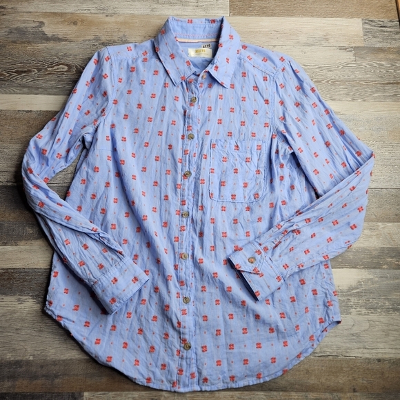 Maeve by Anthro Women's 6 Blue Cotton Button Down Red Embroidery Dots - Picture 1 of 11